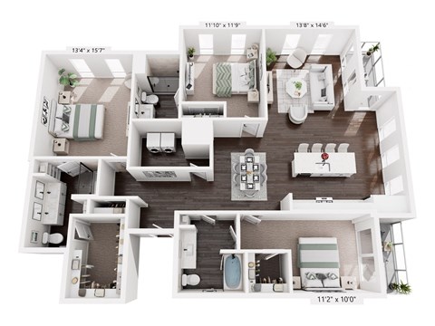 A floor plan of a house with a living room, kitchen, and two bedrooms.